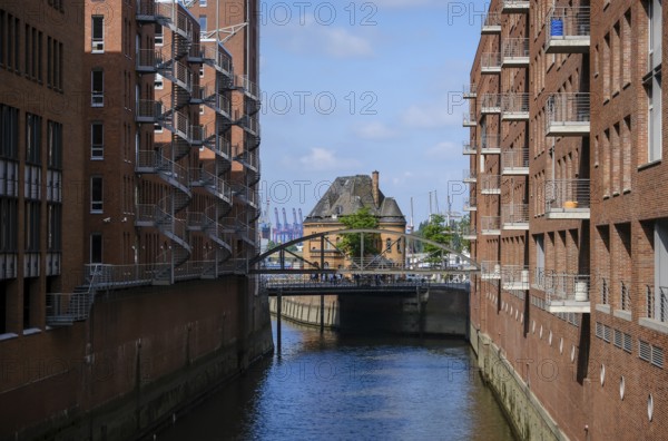 Hamburg, Germany - Warehouses in the Speicherstadt, harbour police station behind