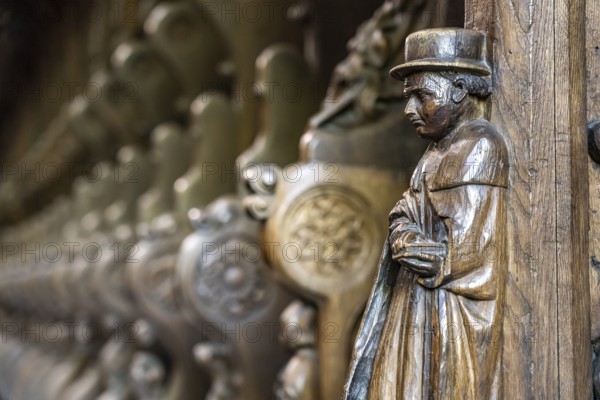 Wood carving on the choir of the monastery church, Maulbronn Monastery, Maulbronn, Baden-Württemberg, Germany, Europe