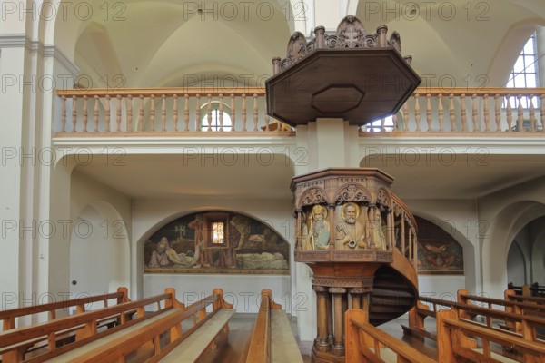 Pulpit and paintings of the Heilig-Geist-Kirche, interior view, wood carving, arts and crafts, Schramberg, Southern Black Forest, Black Forest, Baden-Württemberg, Germany, Europe