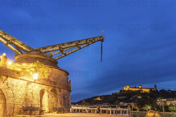 The Alter Kranen on the banks of the Main at dusk, Würzburg, Bavaria, Germany, Europe