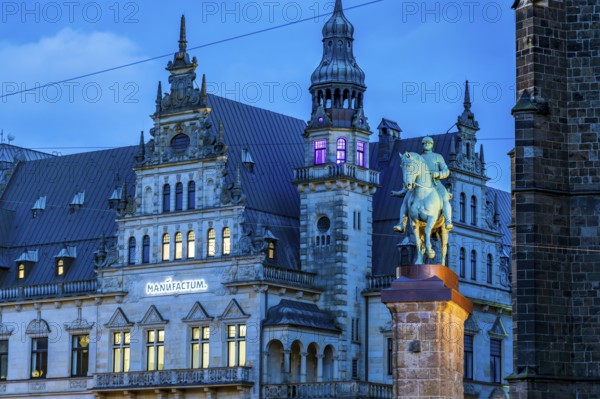 The Bismarck monument at Bremen Cathedral and the Manufactum building at dusk, Free Hanseatic City of Bremen, Germany, Europe