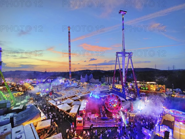 View from above from the Ferris wheel at the Cranger Kirmes in the evening, Herne, Ruhr area, North Rhine-Westphalia, Germany, Europe