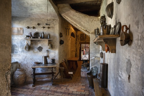 Kitchen in the historic Meersburg Castle, museum, sight, Lake Constance, Lake Constance district, Baden-Württemberg, Germany, Europe