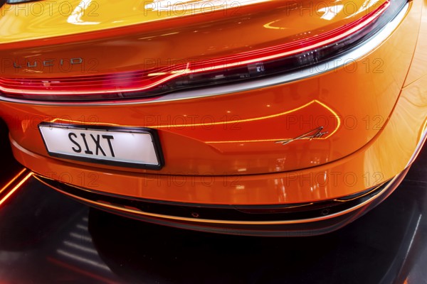 Düsseldorf Airport. Presentation by car hire company SIXT of the Chinese electric vehicle Lucid Air with up to 831 hp. Düsseldorf, North Rhine-Westphalia, Germany, Europe