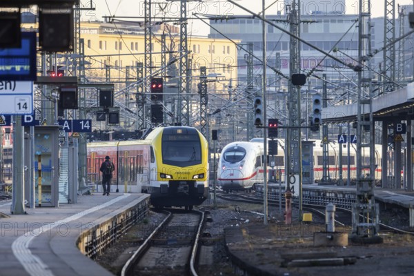 Stuttgart main station. Track apron with railway technology, ICE and regional train. Stuttgart, Baden-Württemberg, Germany, Europe