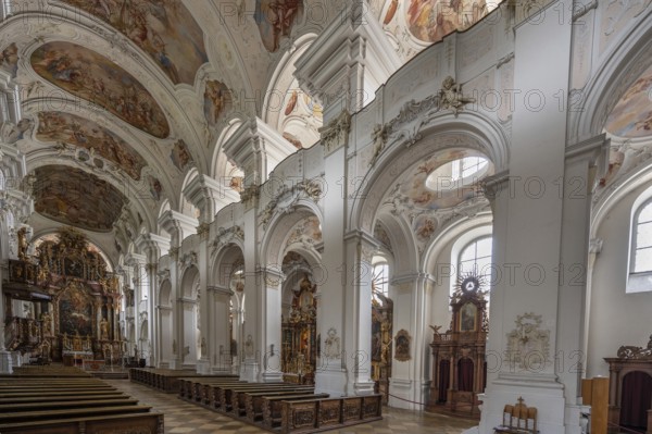 Interior of the originally Gothic hall church and in the 18th century a complete baroqueisation Basilica of St. Mauritius, Niederalteich, Lower Bavaria, Germany, Europe