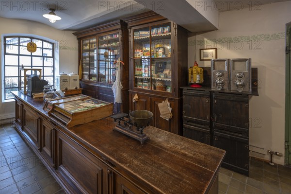 Former Thuringian drugstore from 1898, used as a corner shop from 1920 to 1960, now in the Industrial Museum, Sichardstr., Lauf an der Pegnitz, Middle Franconia, Bavaria, Germany, Europe