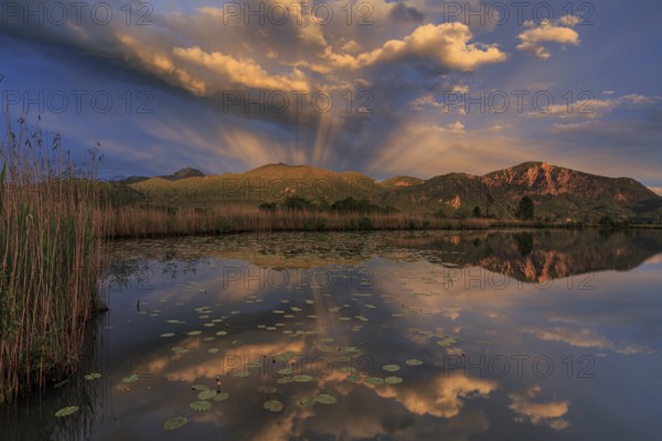 Mountains reflected in lake, cloudy mood, evening light, Kochler mountains, Loisach-Lake Kochel moor, Alpine foothills, Bavaria, Germany, Europe