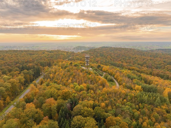 Forest landscape in autumn with an observation tower and colourful foliage under a slightly cloudy sky, Schönbuchturm, Herrenberg, Germany, Europe