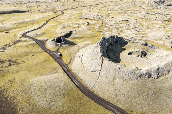 Single crater of the Laki crater row, top down view, viewing platform, 4x4 car on road F206, Iceland, Europe