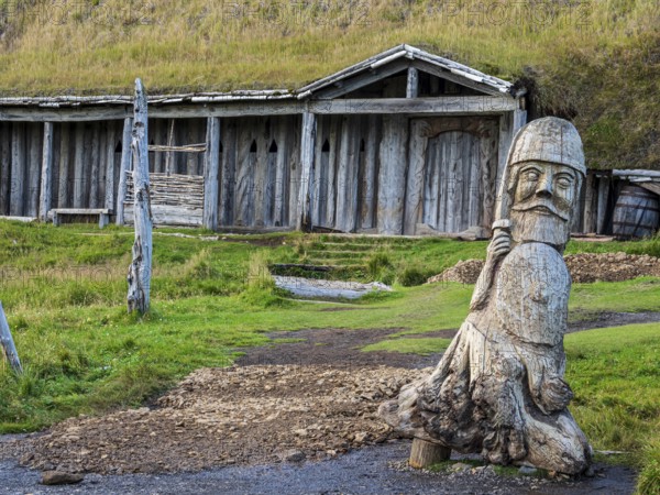 House in viking village, rebuild viking houses at Stokksnes, east of Höfn, East Fjords, Iceland, Europe