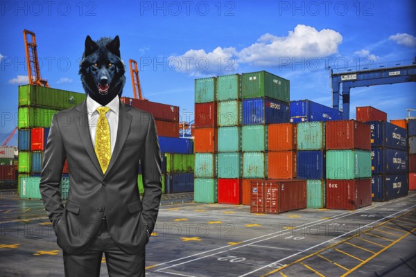 Symbolic image, wolf in a suit, industry, economy critical, exploitation, stress, trade union, payment, wage increase, insolvency, wrong decisions, unemployment, profit, profit slump, share prices, Germany as a business location, global economy, globalisation, environmental protection, port, container, freight, sell-off of resources