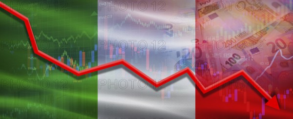 Italy financial crisis on economic graph. Financial fall of Italy on economy market