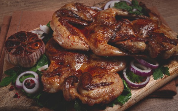 Fried, quail meat, tobacco (tapaka), with spices, homemade, no people