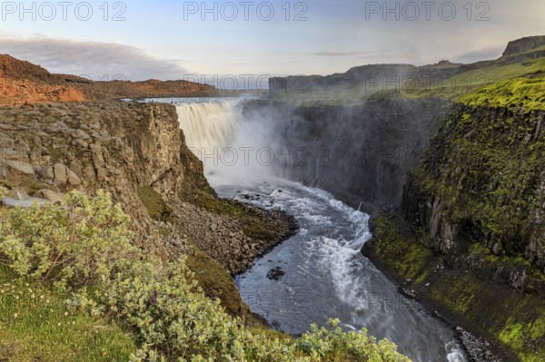 Large waterfall in a gorge, spray, rapids, summer, midnight sun, Dettifoss, North Iceland, Iceland, Europe