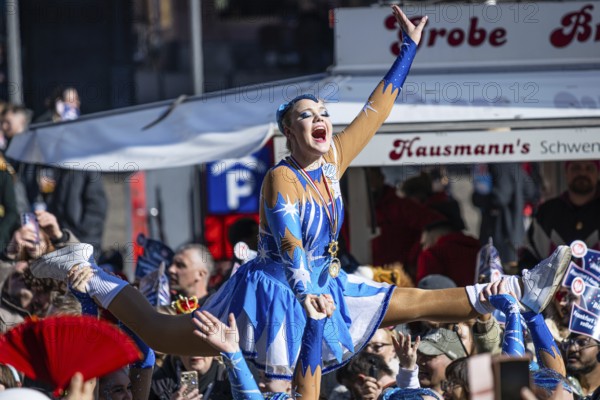 The Frankfurt carnival parade crosses the Römerberg in Frankfurt am Main, Römerberg, Frankfurt am Main, Hesse, Germany on 2 March 2025