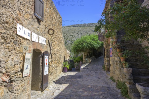 Narrow alley in the medieval town of Castelnou, Département Pyrénées-Oriental, France, Europe
