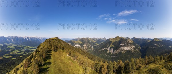 Drone shot, summit of the Einberg with a view of the Lammertal and Tennengebirge mountains, Osterhorn group, Salzkammergut, Salzburg province, Austria, Europe