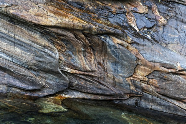 Rock structures in the Verzasca River, near Lavertezzo, Canton Ticino, Switzerland, Europe