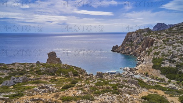 Palatia Beach, Palatia, coastal landscape with rocky views and calm sea under an expansive sky, Saria boat tour, Saria Island, Karpathos, Dodecanese, Greek Islands, Greece, Europe
