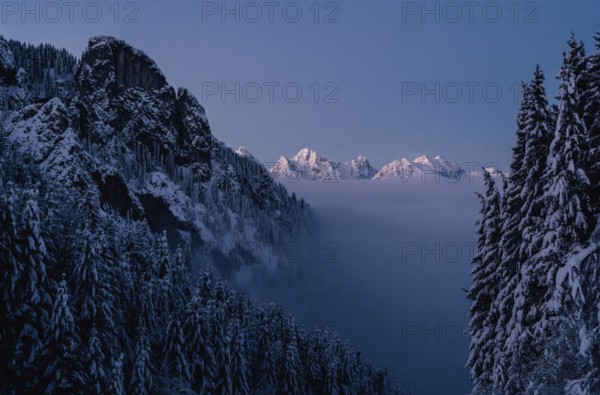 Sunrise snow tour on the Tegelberg in the Allgäu in Bavaria. Winter Wonder Land, Germany, Europe