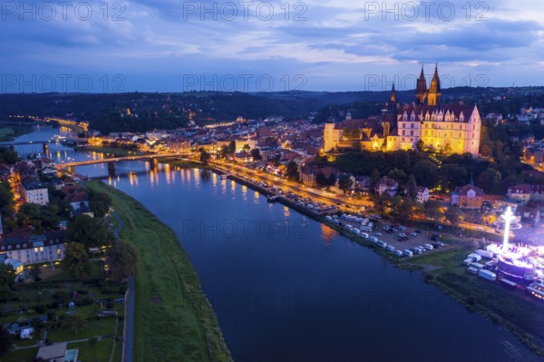 Old town with Elbe, Albrechtsburg and cathedral, night shot from above, Meissen, Saxony, Germany, Europe