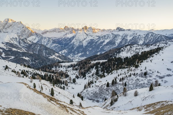 Beautiful landscape of the Mountain silhouettes of the Sexten Dolomites on a sunny winter day, South Tyrol, Trentino-South Tyrol, Alto-Adige, Italy, Europe