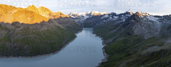 Alpine panorama with Pigne d'Arolla, Lac de Dix, sunset in the mountains, reservoir, Valais Alps, Valais, Switzerland, Europe