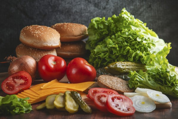 Freshly cut ingredients for a hamburger, such as lettuce, tomatoes, cheese and bun