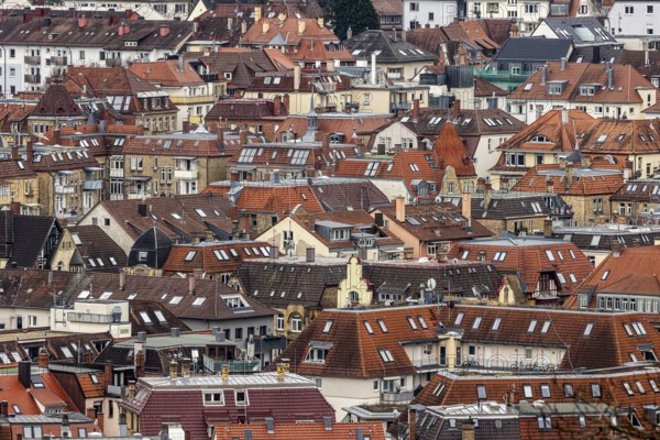 View from the Karlshöhe of the buildings and roofs of the densely populated city. Stuttgart, Baden-Württemberg, Germany, Europe