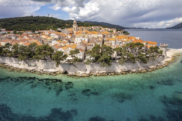 The old town centre of Korcula town seen from the air, Croatia, Europe