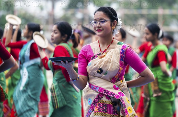 Participants with instructor dance in a Bihu dance workshop ahead of Rongali Bihu Festival, in Guwahati, India on 6 April 2025