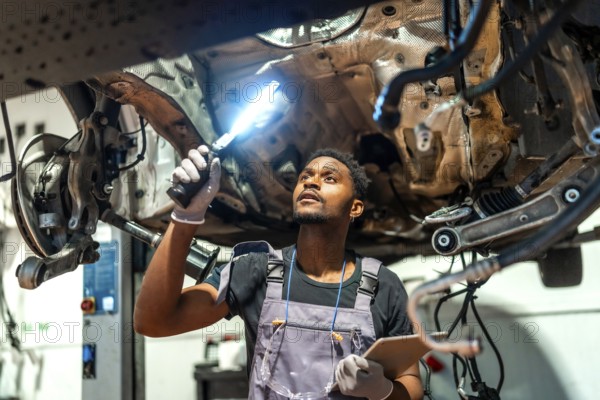 Young mechanic using flashlight and holding clipboard, inspecting car undercarriage in a professional workshop