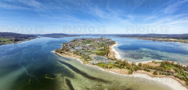 Aerial view, panorama of the island of Reichenau at low tide and spring-like vegetation, Lake Constance, district of Constance, Baden-Württemberg, Germany, Europe