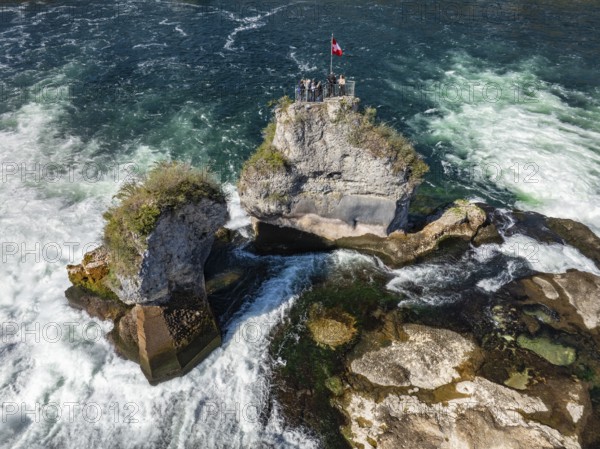 Aerial view of the Rhine Falls at low water in spring, with tourists on the viewing platform, Neuhausen, Canton Schaffhausen, Switzerland, Europe