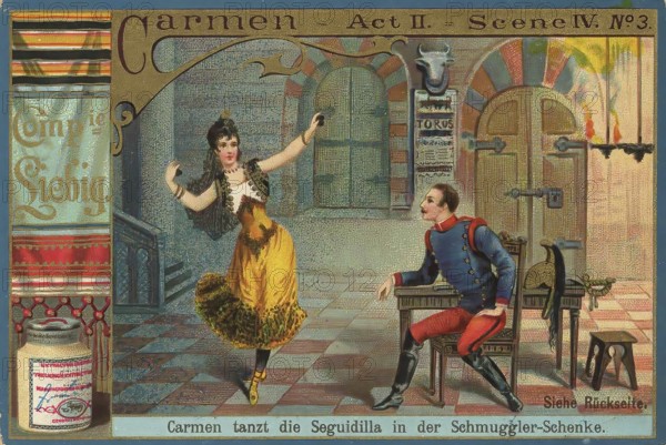 Picture series Opera Carmen, Carmen dances the Seguidilla in the smugglers' tavern, Liebig picture, digitally restored reproduction of a collector's picture from ca 1900, public domain, exact date unknown, Carmen dances in front of a man in a smugglers' scene