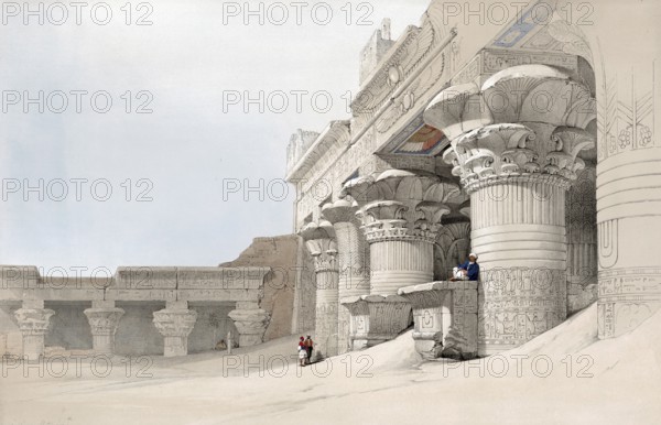 Temple of Edfu, an ancient Egyptian temple complex on the western edge of the city of Edfu in Upper Egypt, Egypt, around 1850, Historical, digitally restored reproduction from a 19th century original, exact date of recording unknown, Africa