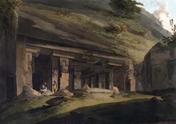 Rock reliefs depicting the story of the proud demon Ravana, Hindu Kailasa temple of Ellora in the state of Maharashtra is the largest rock temple in India carved entirely out of a natural rock outcrop, ca 1880, digitally enhanced reproduction of a 19th century model