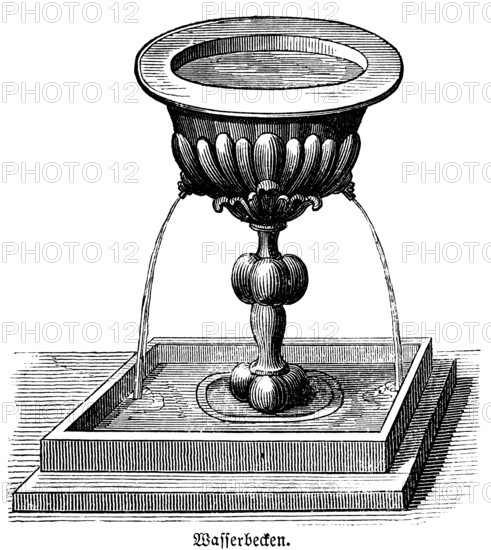 The water basin stood between the tabernacle and the altar of burnt offering in the forecourt of a temple, Bible, it served to wash the priests in front of the sacred office, historical illustration, Biblisches Handwörterbuch 1862