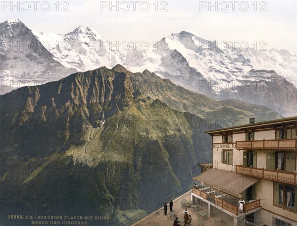 Schynige Platte, Eiger, Mönch und Jungfrau, Bernese Oberland, Switzerland, Historic, digitally restored reproduction from a 19th century original, Record date not stated, Monch and Jungfrau, Bernese Oberland, Switzerland, Historic, digitally restored reproduction from a 19th century original, Record date not stated, Europe