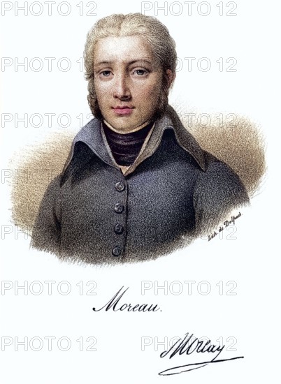 Jean Victor Moreau (1761-1813) French revolutionary soldier. Rejected the dictatorship, but supported Napoleon's coup d'état. After his exile, he entered Russian service and was mortally wounded in the Battle of Dresden. Lithograph, ca. 1830, Historical, digitally restored reproduction from a 19th century original, Record date not stated