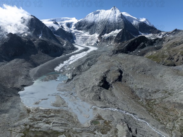 Aerial view, Alpine panorama, mountain landscape with glacier tongue and glacier lake, Glacier de Cheilon and summit Mont Blanc de Cheilon, Valais, Western Alps, Switzerland, Europe