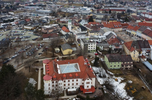 Drone shot, townscape with residential buildings and shopping centres, town view, Feldkirchen in Kärnten, Carinthia, Klagenfurt basin, Austria, Europe