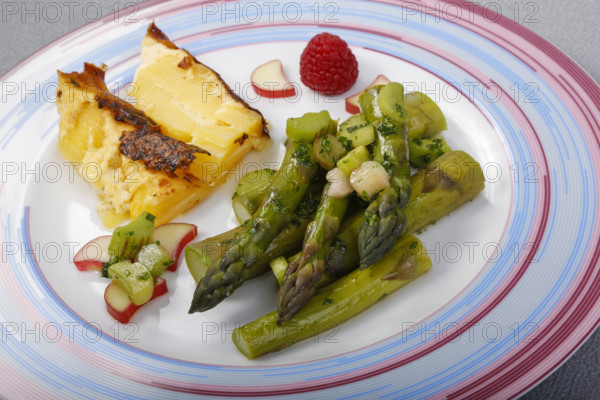 South German cuisine, green asparagus with rhubarb vinaigrette and potato gratin, healthy, vegetables, plated, vegetarian, traditional cuisine reinterpreted, food photography, studio, Germany, Europe
