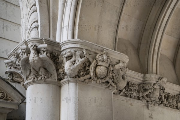 Decorated capitals with sculptures and reliefs, Middle Temple Lane entrance, The Inns of Court, London, England, Great Britain