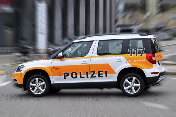 Wipe-off picture police car St. Gallen city police, Switzerland, Europe