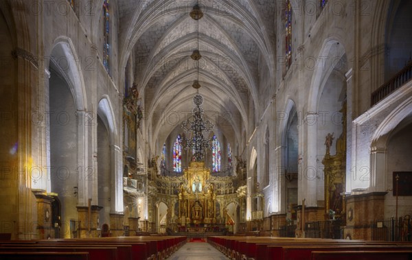 Interior, Nave, Choir, Altar, Basilica of the Monastery of Sant Francesc, San Francisco, Palma de Majorca, Majorca, Balearic Islands, Balearic Islands, Spain, Europe