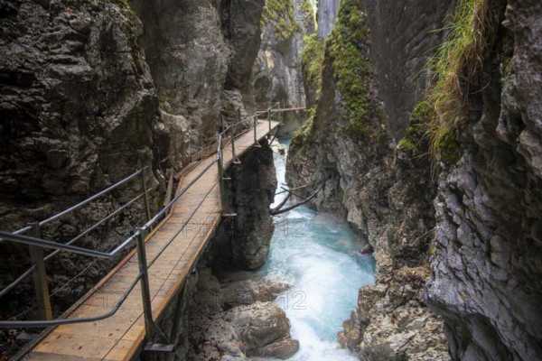 Waterfall trail at the Leutaschklamm gorge in the border forest between Tyrol and Bavaria