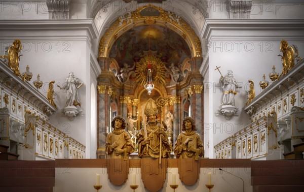 Interior view of the main altar with painting St John on Patmos by Johann Baptist Zimmermann, Neumünster parish church, Würzburg, Lower Franconia, Bavaria, Germany, Europe