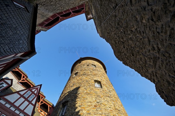 Stahleck Castle, view to the top of the castle tower, Bacharach, UNESCO World Heritage Upper Middle Rhine Valley, Rhineland-Palatinate, Germany, Europe
